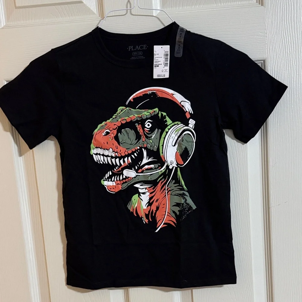 Children's Place Kids M Black T-Shirt with Dinosaur Headphones Graphic